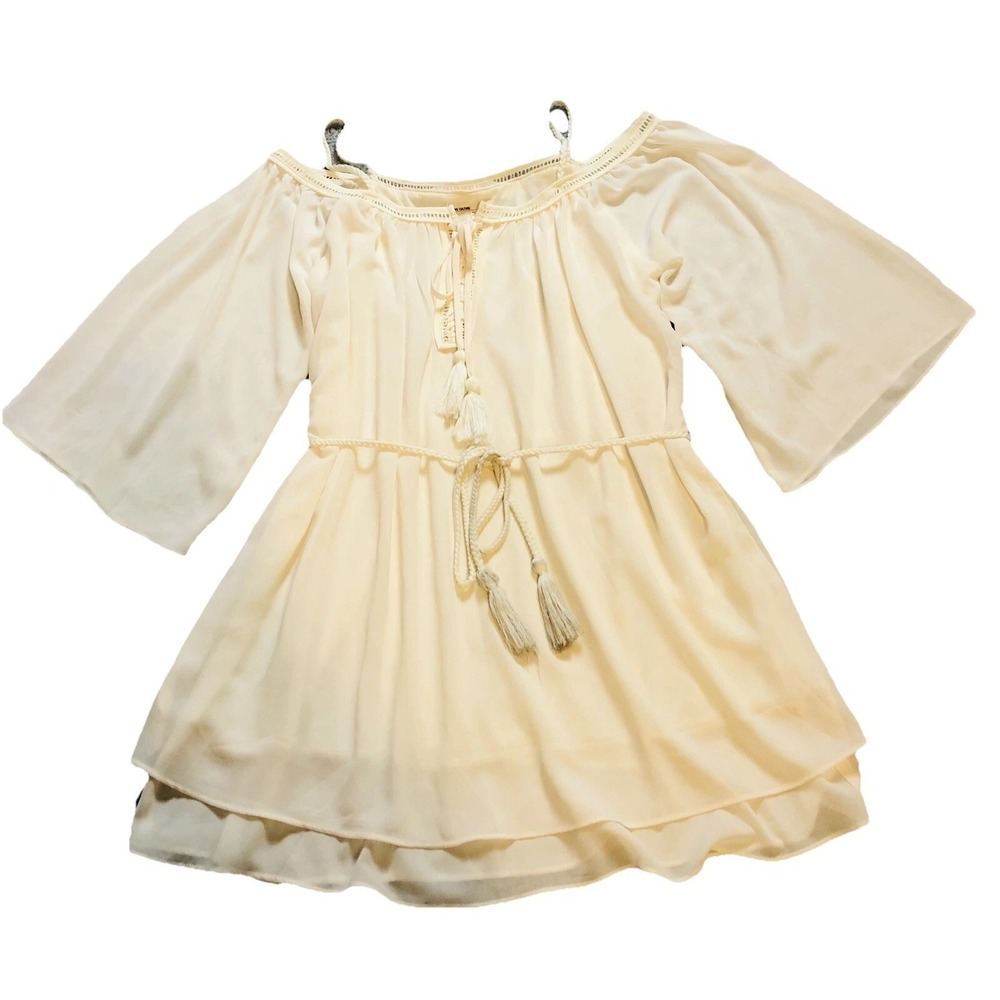 Love Culture Layered Mini Dress Sz S Cold Shoulder Ivory Belted Tassels Coastal - Picture 5 of 13